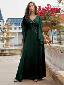 Pearl Embellished Butterfly Sleeve Chiffon Bridesmaid Dress, Elegant Dress, Bridal Gown, Birthday Dress For Ladies, Graduation Dress, Formal Dress - Dark Green - View 6
