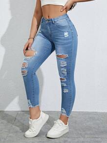 Quần jean nữ Túi Bị tách màu trơn - Rửa trung bình - Xem 4