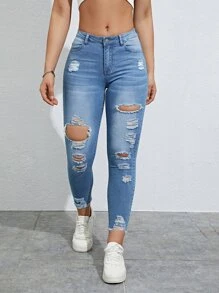 Quần jean nữ Túi Bị tách màu trơn - Rửa trung bình - Xem 1