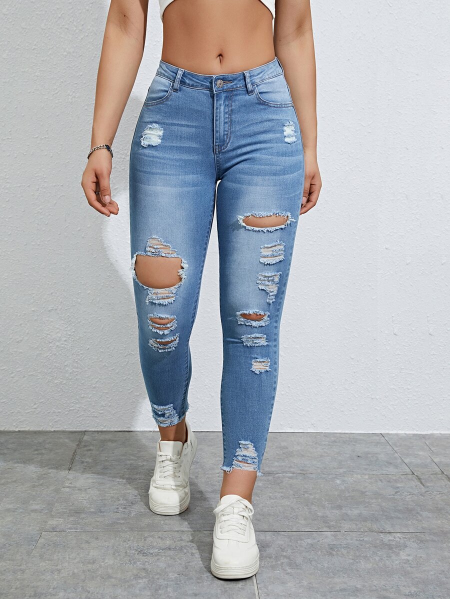 Quần jean nữ Túi Bị tách màu trơn - Rửa trung bình - Xem 1