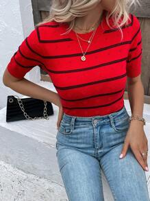Top En Tricot À Rayures - Rouge - Voir 1