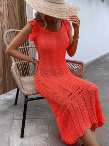 Hollow Out Ruffle Trim Cover Up Dress - Orange - View 3