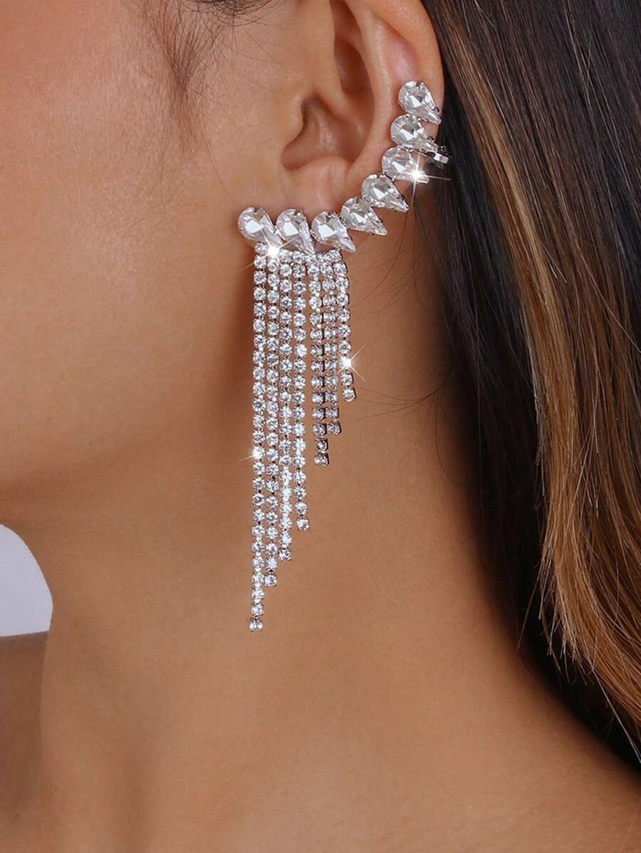 Bông tai trang trí tua rhinestone - Bạc - Xem 1