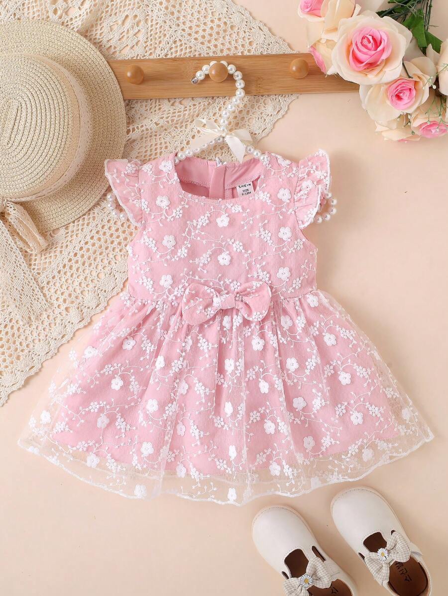 SHEIN Glamorique Kids Baby Girl Floral Embroidery Bow Front Ruffle Trim Contrast Mesh Dress - Pink - View 1