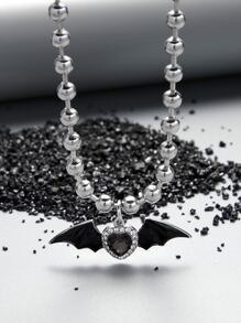 Heart & Bat Charm Beaded Necklace - Black and White - View 1