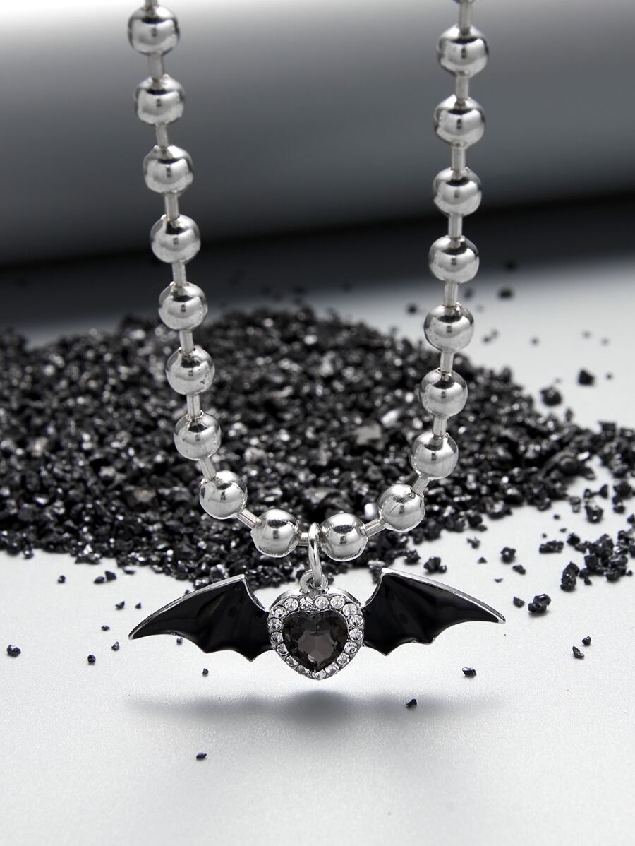 Heart & Bat Charm Beaded Necklace - Black and White - View 1