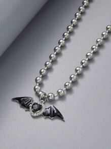 Heart & Bat Charm Beaded Necklace - Black and White - View 2