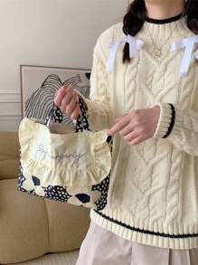 中等方包花卉圖案雙把手適用於日常 - 黑色 - 查看 1