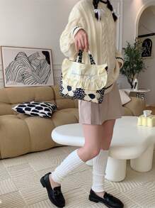 中等方包花卉圖案雙把手適用於日常 - 黑色 - 查看 2