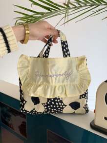 中等方包花卉圖案雙把手適用於日常 - 黑色 - 查看 3