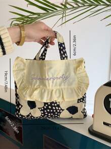 中等方包花卉圖案雙把手適用於日常 - 黑色 - 查看 4