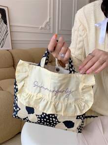 中等方包花卉圖案雙把手適用於日常 - 黑色 - 查看 5