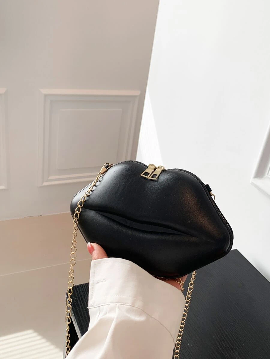 Lip Design Novelty Bag Black Chain Strap - Black - View 1