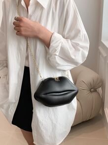 Lip Design Novelty Bag Black Chain Strap - Black - View 2
