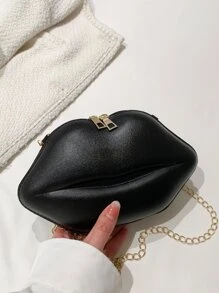 Lip Design Novelty Bag Black Chain Strap - Black - View 7
