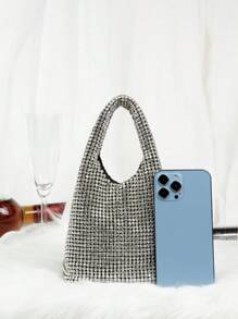 Mini Hobo Bag Rhinestone Trang trí tay cầm đôi cho bữa tiệc - Đen và trắng - Xem 7