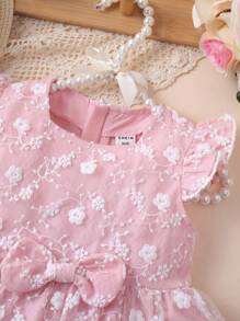 SHEIN Glamorique Kids Baby Girl Floral Embroidery Bow Front Ruffle Trim Contrast Mesh Dress - Pink - View 4