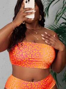SHEIN Swim Curve Top bikini bandeau con estampado de leopardo - Naranja - Ver 1