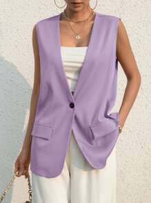 SHEIN Essnce Áo khoác  âu phục nữ Nút màu trơn Giải trí - Màu Lilac Tím - Xem 1