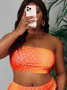 SHEIN Swim Curve Top bikini bandeau con estampado de leopardo - Naranja - Ver 4