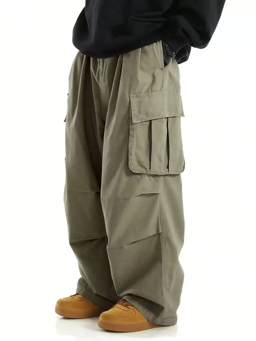 Chillumni Men Flap Pocket Side Drawstring Waist Oversize Cargo Pants, Khaki Cargo Pants Men, Baggy Cargo Pants, Men Cargo Pants, Fall - Army Green - View 1