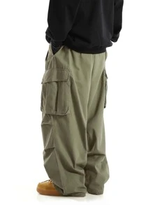 Chillumni Men Flap Pocket Side Drawstring Waist Oversize Cargo Pants, Khaki Cargo Pants Men, Baggy Cargo Pants, Men Cargo Pants, Fall - Army Green - View 2