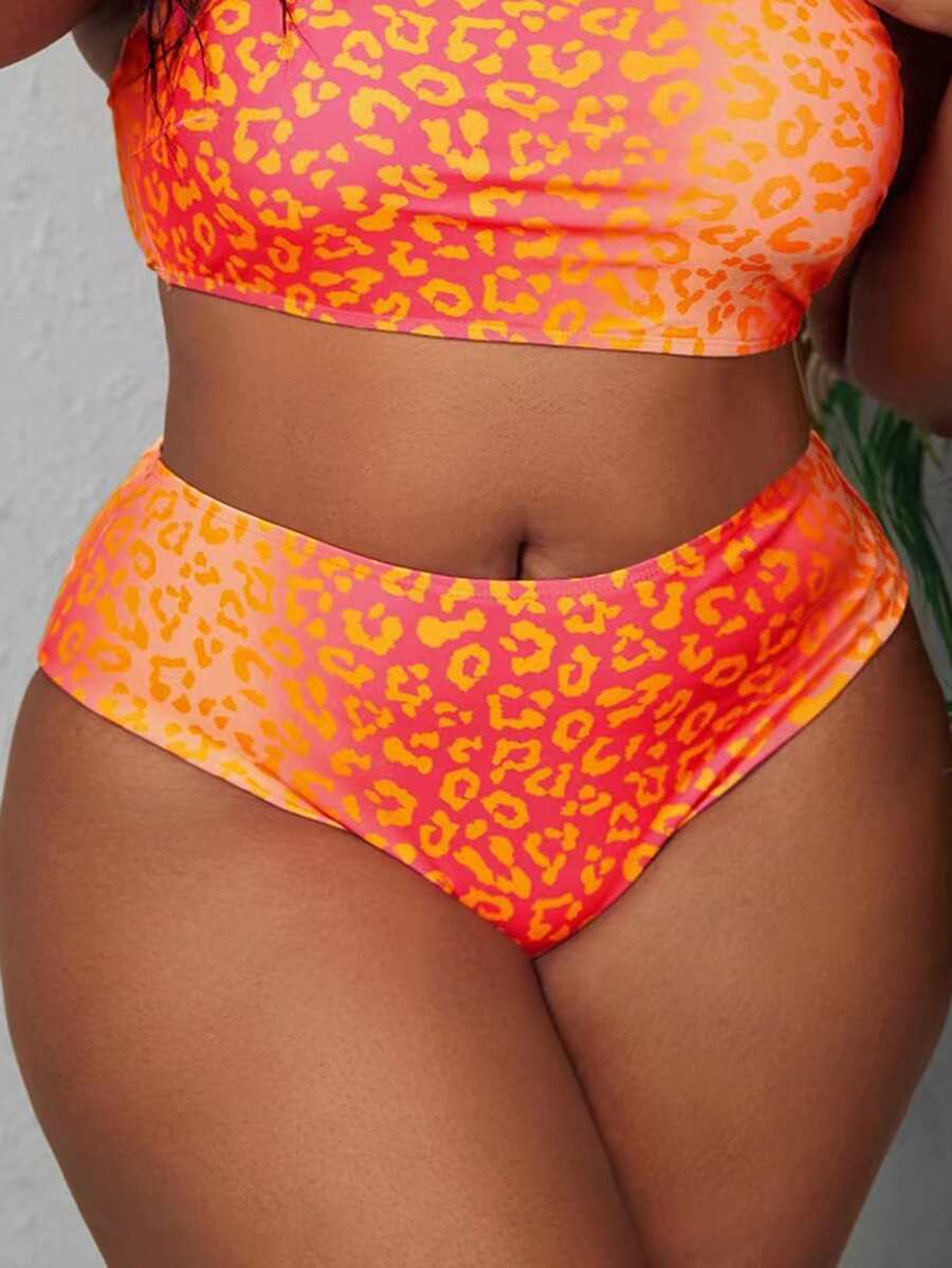 SHEIN Swim Curve Plus Leopard Print High Waist Bikini Bottom - Orange - View 1