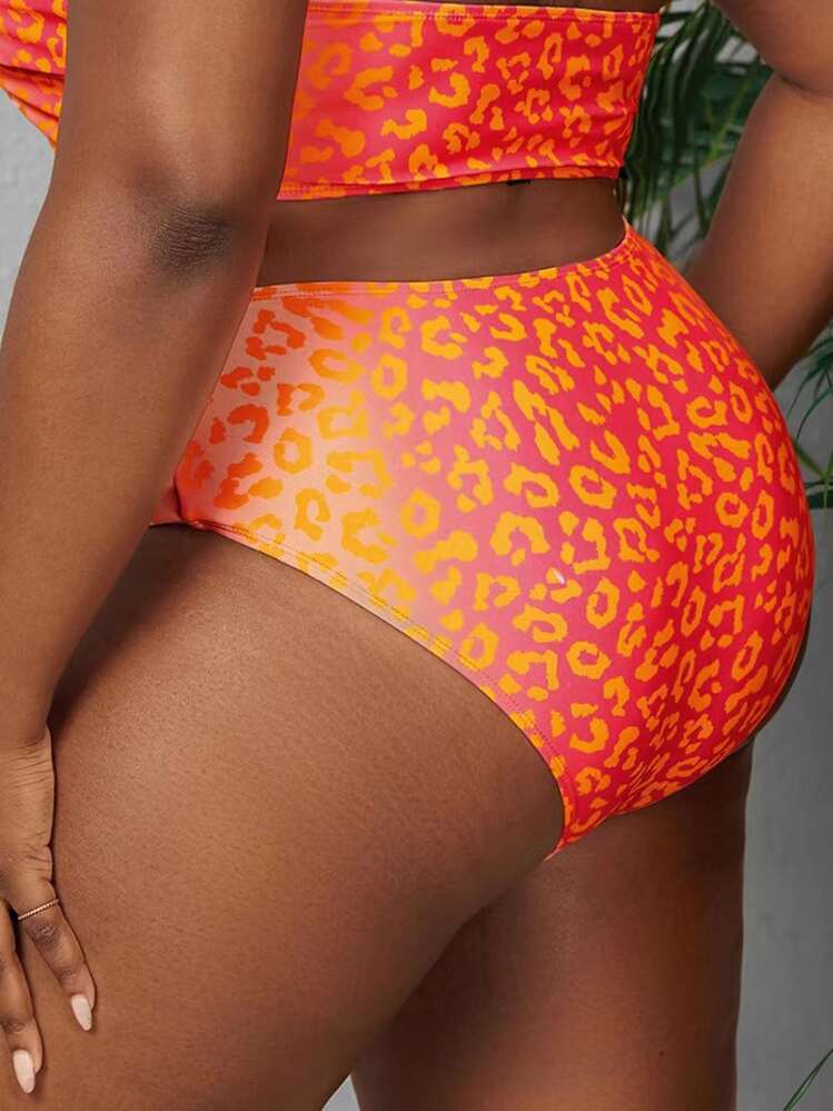 SHEIN Swim Curve 大碼豹紋印花高腰泳衣下裝 - 橘色 - 查看 2