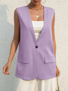 SHEIN Essnce Áo khoác  âu phục nữ Nút màu trơn Giải trí - Màu Lilac Tím - Xem 5