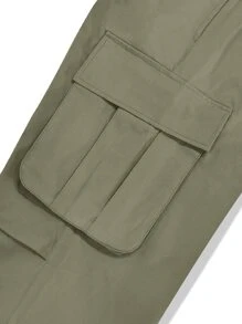 Chillumni Men Flap Pocket Side Drawstring Waist Oversize Cargo Pants, Khaki Cargo Pants Men, Baggy Cargo Pants, Men Cargo Pants, Fall - Army Green - View 8