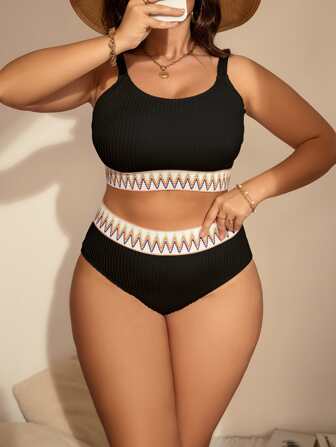 SHEIN Swim Curve Summer Beach Plus Chevron Tape Bikini Set Cami Top & High Waisted Bottom 2 Piece Bathing Suit