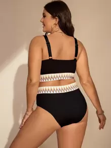 SHEIN Swim Curve Hơn Chevron Ruy băng Bộ Bikini Cami ngọn & Eo cao Đáy 2 mảnh Bộ đồ tắm - màu đen - Xem 2