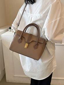 Litchi Embossed Square Bag Elegant Turn-lock Double Handle Flap PU - Khaki - View 1