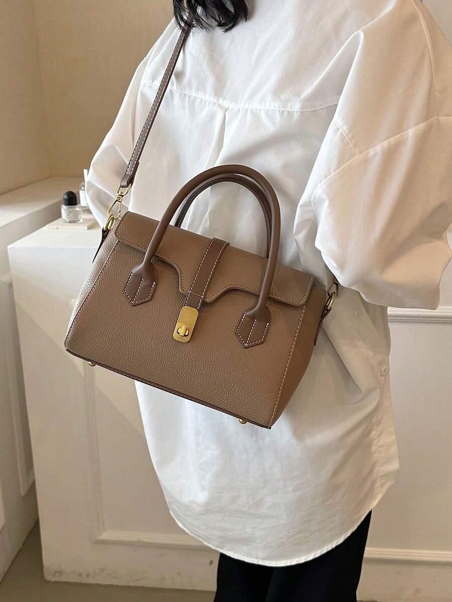 Litchi Embossed Square Bag Elegant Turn-lock Double Handle Flap PU - Khaki - View 1