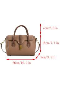 Litchi Embossed Square Bag Elegant Turn-lock Double Handle Flap PU - Khaki - View 3