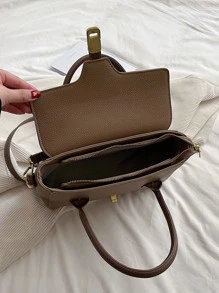 Litchi Embossed Square Bag Elegant Turn-lock Double Handle Flap PU - Khaki - View 4