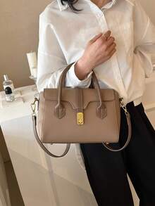 Litchi Embossed Square Bag Elegant Turn-lock Double Handle Flap PU - Khaki - View 5