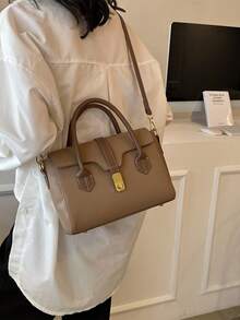 Litchi Embossed Square Bag Elegant Turn-lock Double Handle Flap PU - Khaki - View 6