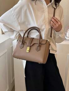 Litchi Embossed Square Bag Elegant Turn-lock Double Handle Flap PU - Khaki - View 7