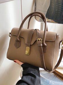 Litchi Embossed Square Bag Elegant Turn-lock Double Handle Flap PU - Khaki - View 8