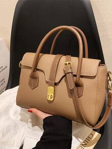 Litchi Embossed Square Bag Elegant Turn-lock Double Handle Flap PU - Khaki - View 9