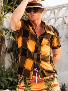 Manfinity Homme 男士格紋印花前排扣襯衫 - 彩色 - 查看 5