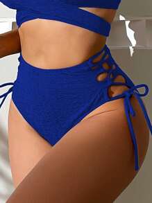 素色側邊綁帶高腰泳衣下裝 - 寶藍色 - 查看 1