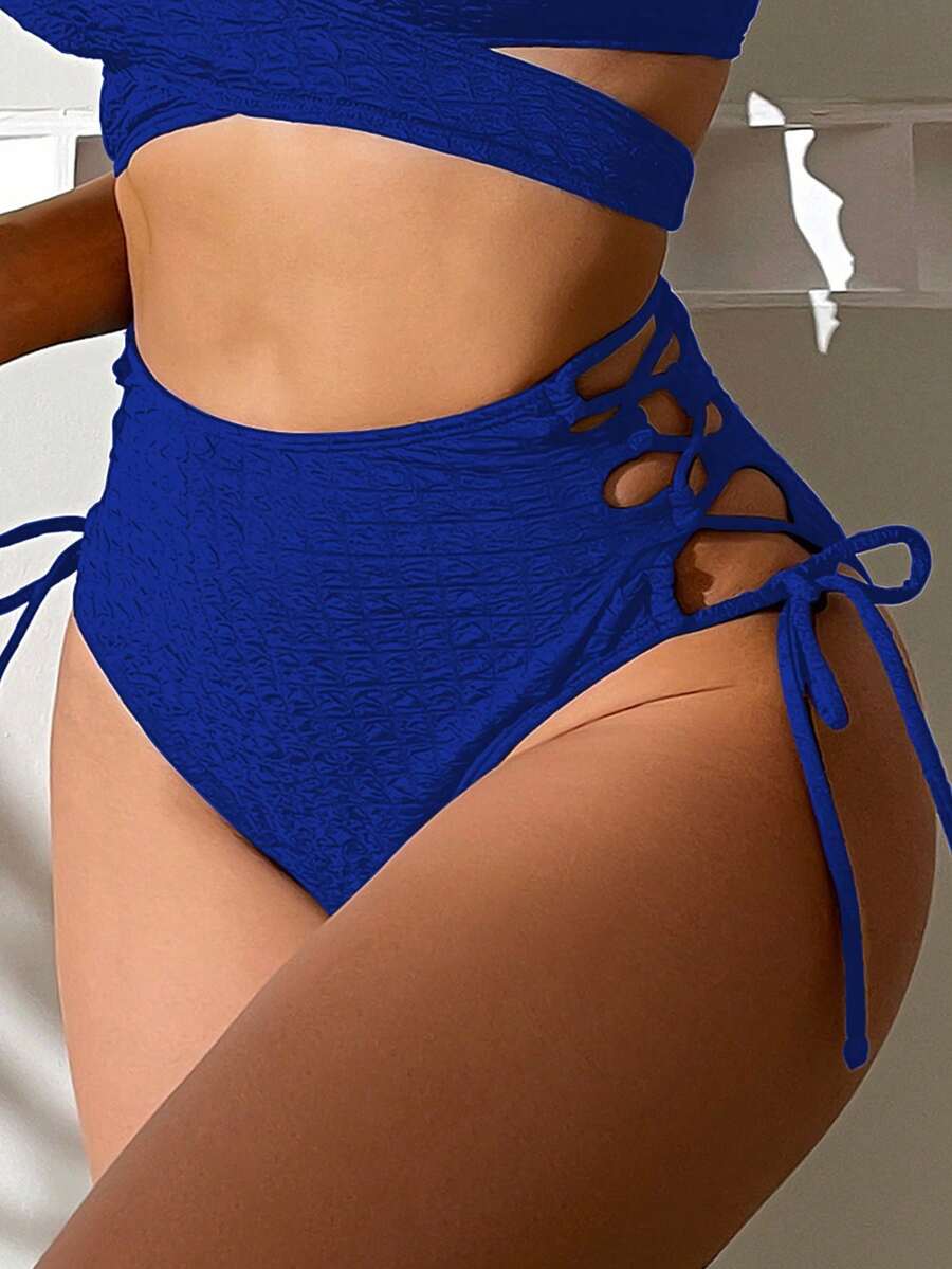 素色側邊綁帶高腰泳衣下裝 - 寶藍色 - 查看 1