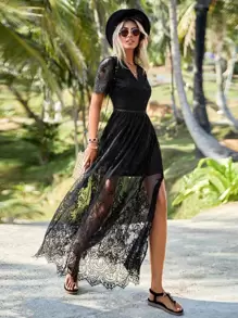 SHEIN Clasi Split Thigh Lace Overlay Dress - Black - View 1