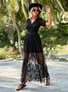 SHEIN Clasi Split Thigh Lace Overlay Dress - Black - View 4