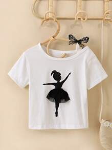 小女童人像圖案網紗拼接T恤 - 白色 - 查看 1