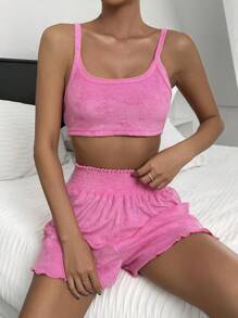 SHEIN EZwear 素色吊帶短上衣和木耳邊短褲 - 玫紅色 - 查看 5