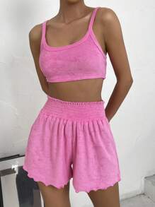 SHEIN EZwear 素色吊帶短上衣和木耳邊短褲 - 玫紅色 - 查看 1