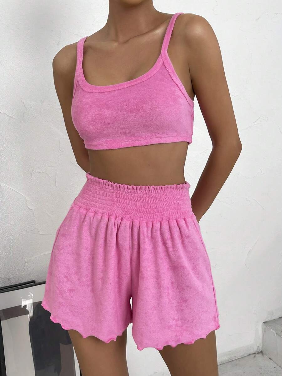 SHEIN EZwear 素色吊帶短上衣和木耳邊短褲 - 玫紅色 - 查看 1